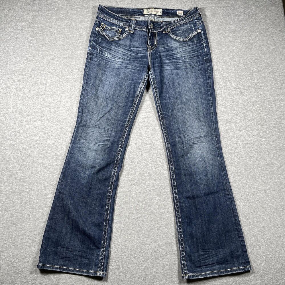 MEK Denim Jeans Womens 30/32 Blue Bootcut Mid Rise Distressed Embroidered Denim